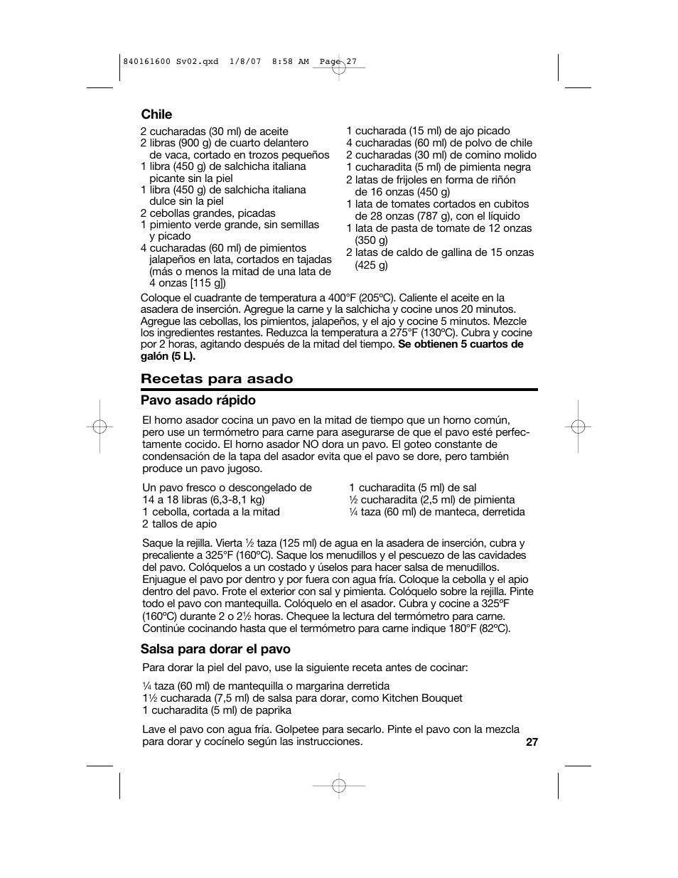 Recetas para asado, Salsa para dorar el pavo, Pavo asado rápido | Chile | Proctor-Silex 840161600 User Manual | Page 27 / 32