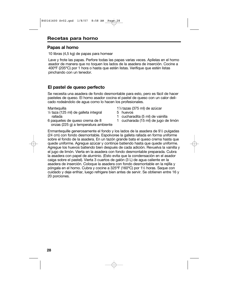 Papas al horno recetas para horno, El pastel de queso perfecto | Proctor-Silex 840161600 User Manual | Page 28 / 32