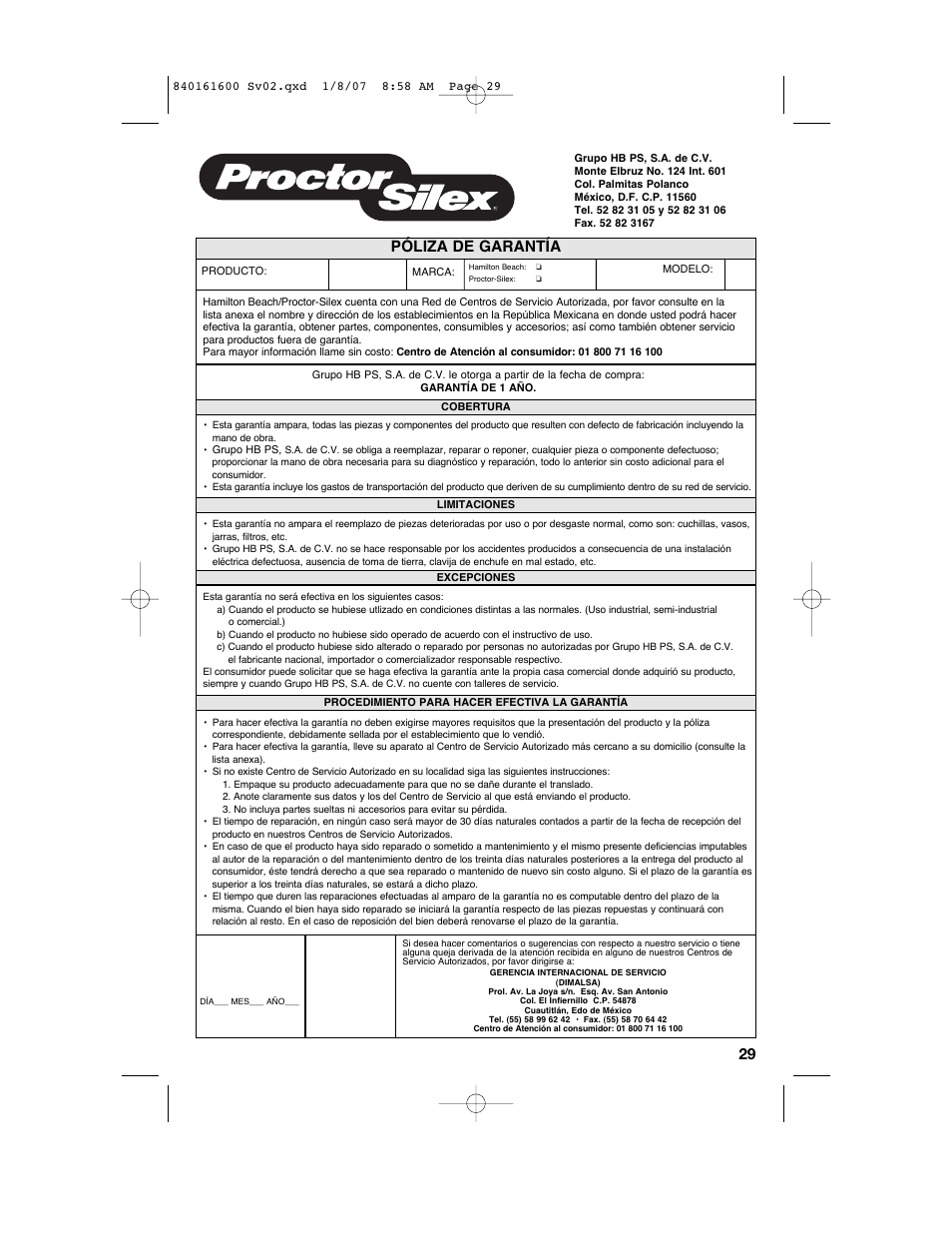 Póliza de garantía | Proctor-Silex 840161600 User Manual | Page 29 / 32