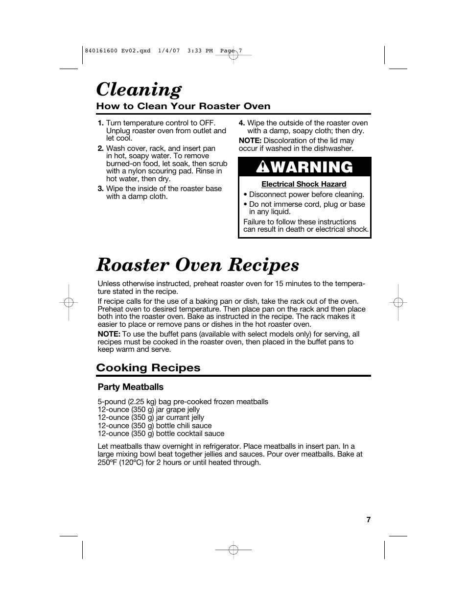 Cleaning, Roaster oven recipes, Wwarning | Proctor-Silex 840161600 User Manual | Page 7 / 32