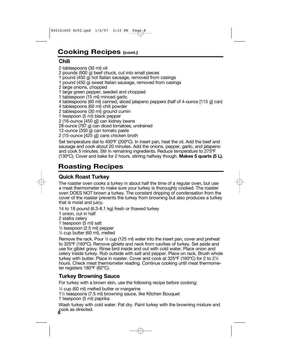 Cooking recipes, Roasting recipes, Quick roast turkey | Turkey browning sauce, Chili | Proctor-Silex 840161600 User Manual | Page 8 / 32