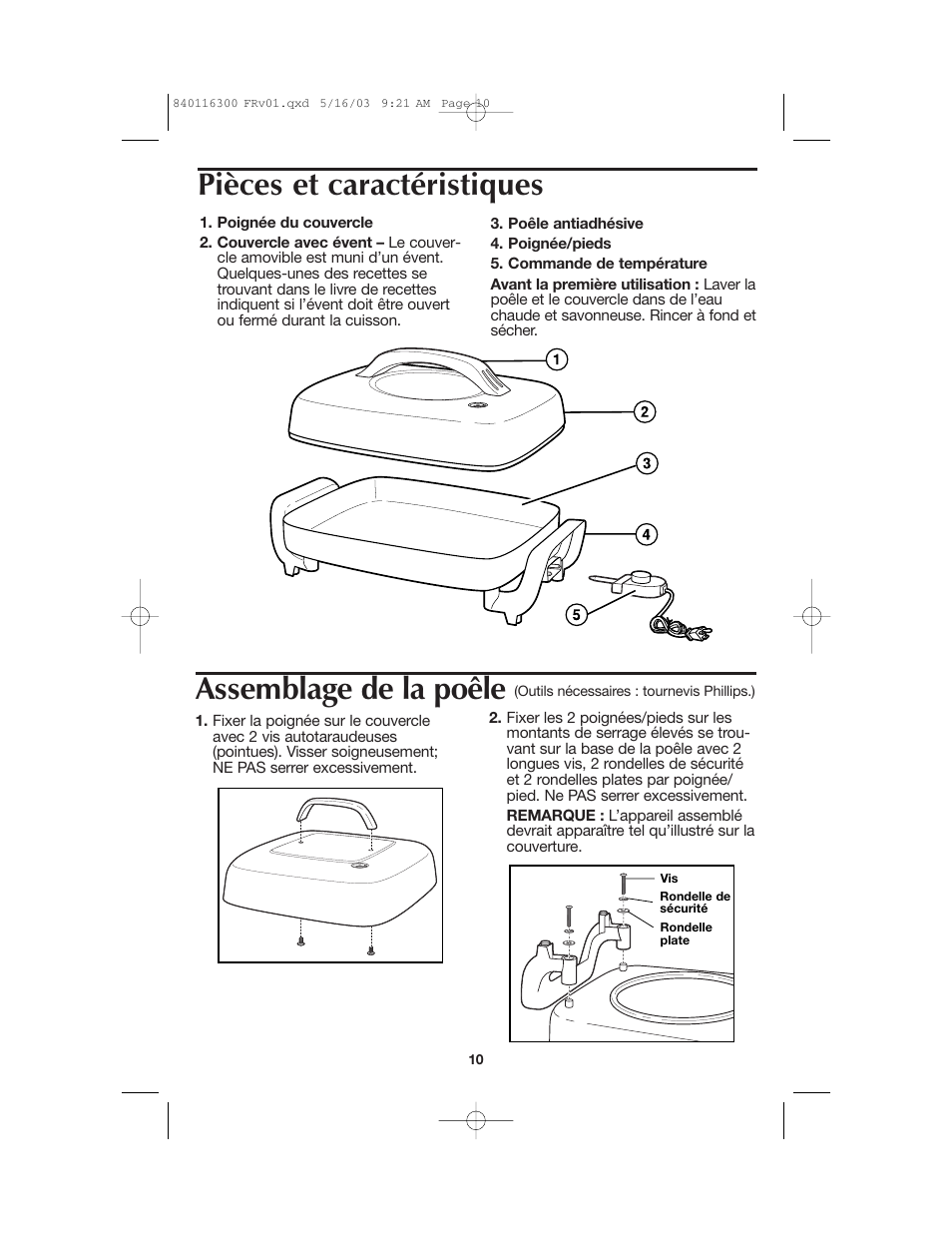 Pièces et caractéristiques, Assemblage de la poêle | Proctor-Silex 840116300 User Manual | Page 10 / 24