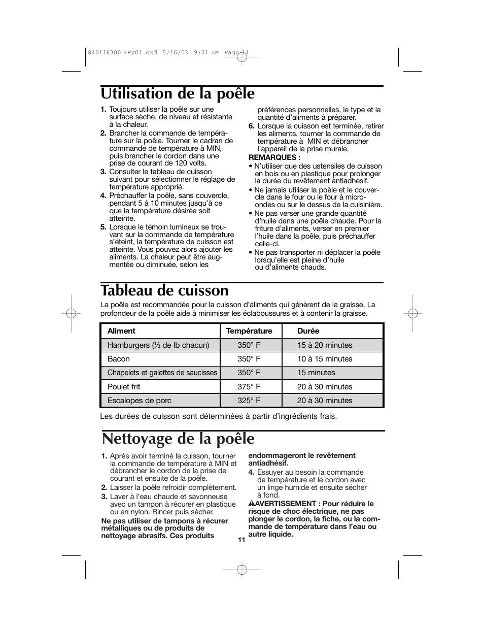 Nettoyage de la poêle, Tableau de cuisson, Utilisation de la poêle | Proctor-Silex 840116300 User Manual | Page 11 / 24
