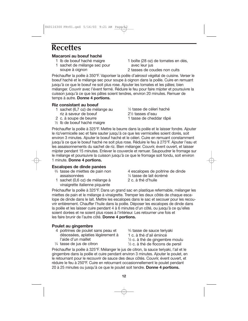 Recettes | Proctor-Silex 840116300 User Manual | Page 12 / 24