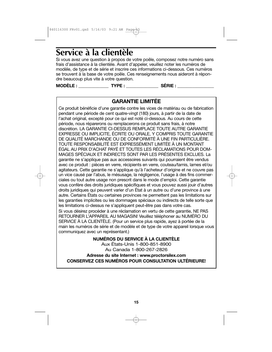 Service à la clientèle | Proctor-Silex 840116300 User Manual | Page 15 / 24