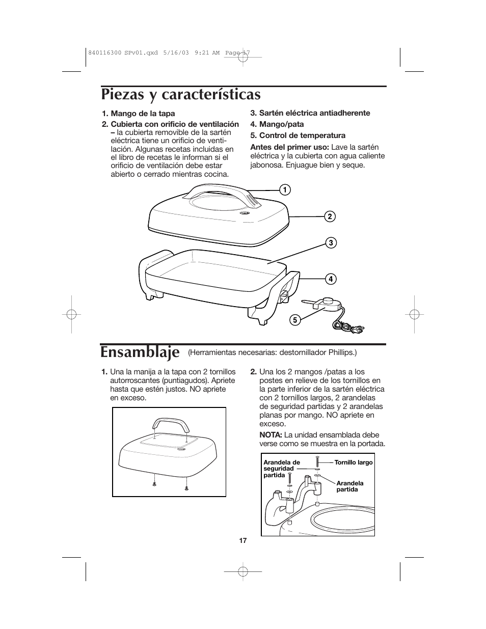 Piezas y características, Ensamblaje | Proctor-Silex 840116300 User Manual | Page 17 / 24