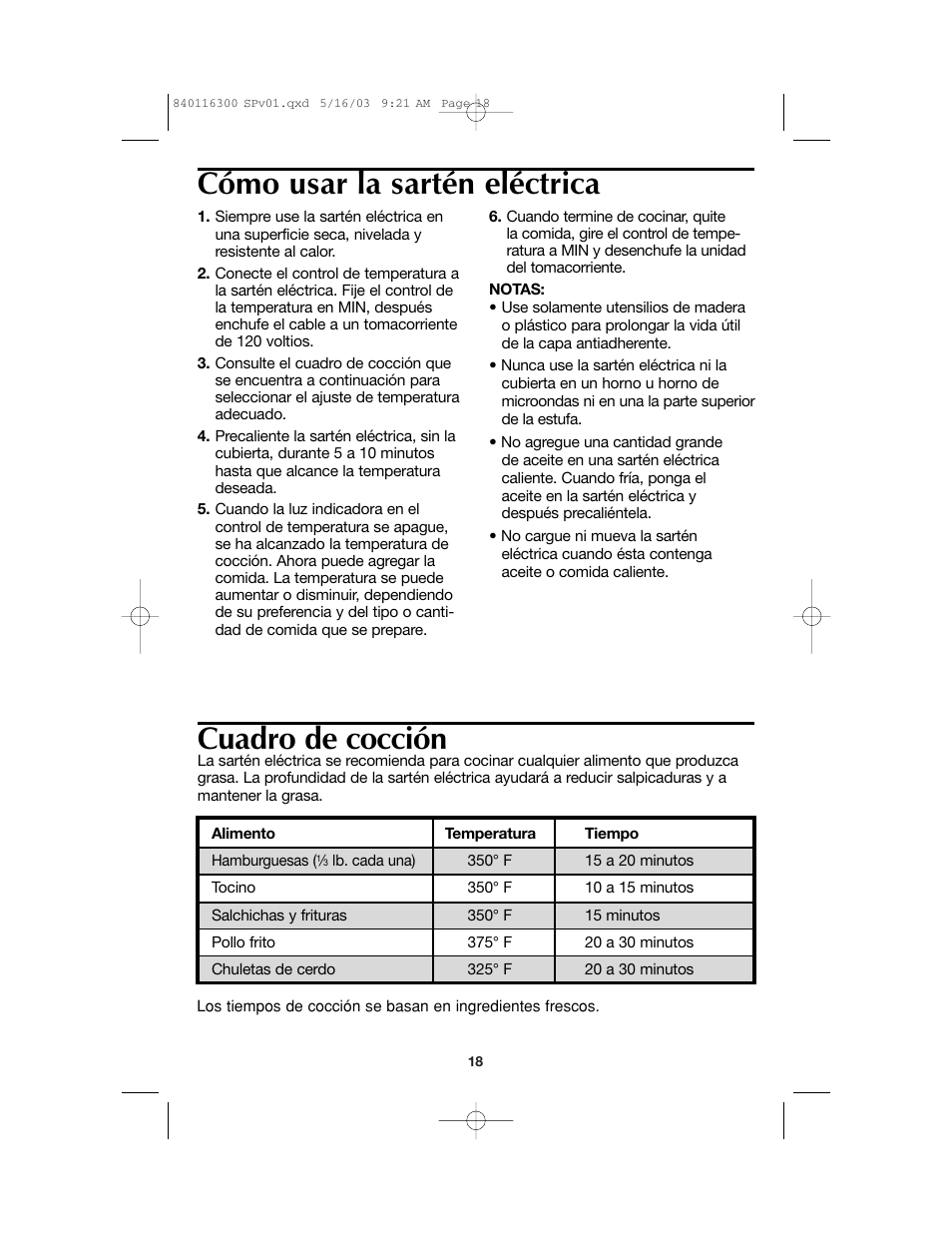 Cuadro de cocción, Cómo usar la sartén eléctrica | Proctor-Silex 840116300 User Manual | Page 18 / 24