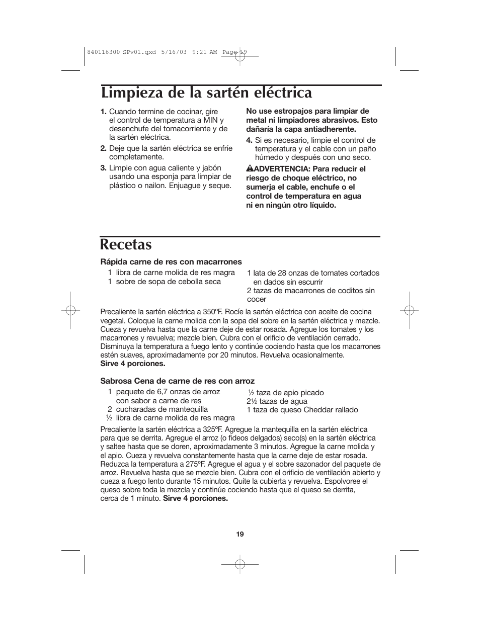 Limpieza de la sartén eléctrica recetas | Proctor-Silex 840116300 User Manual | Page 19 / 24