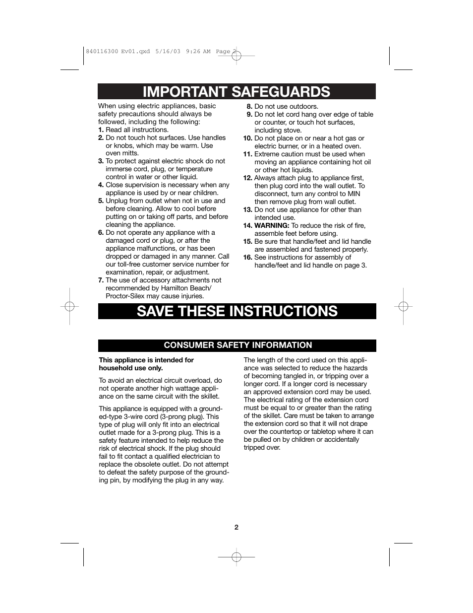 Important safeguards save these instructions | Proctor-Silex 840116300 User Manual | Page 2 / 24