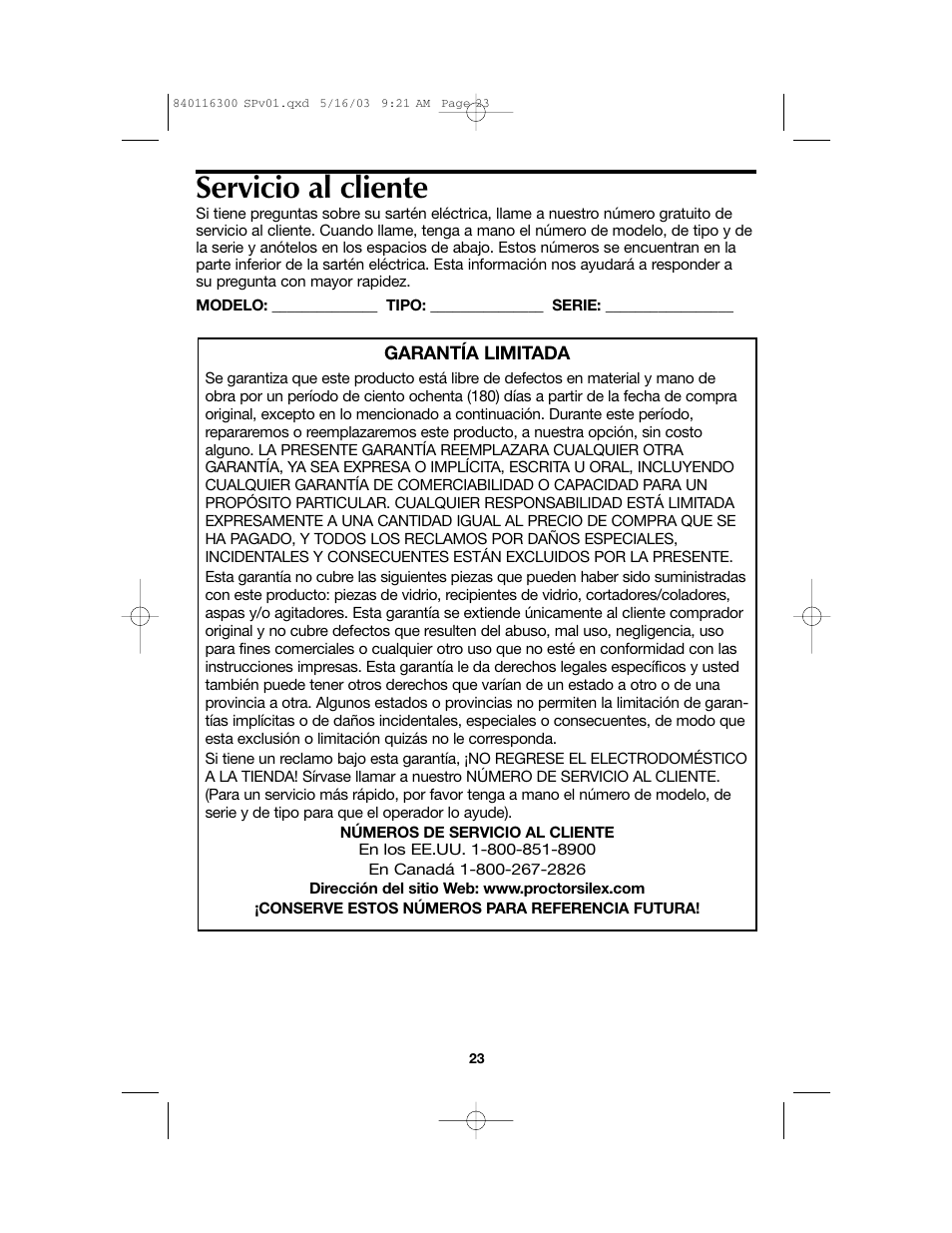 Servicio al cliente | Proctor-Silex 840116300 User Manual | Page 23 / 24
