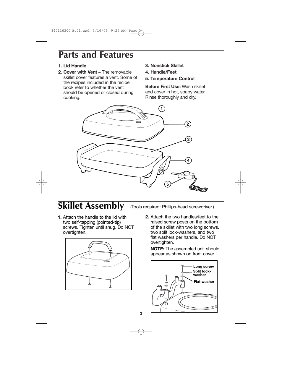 Parts and features, Skillet assembly | Proctor-Silex 840116300 User Manual | Page 3 / 24