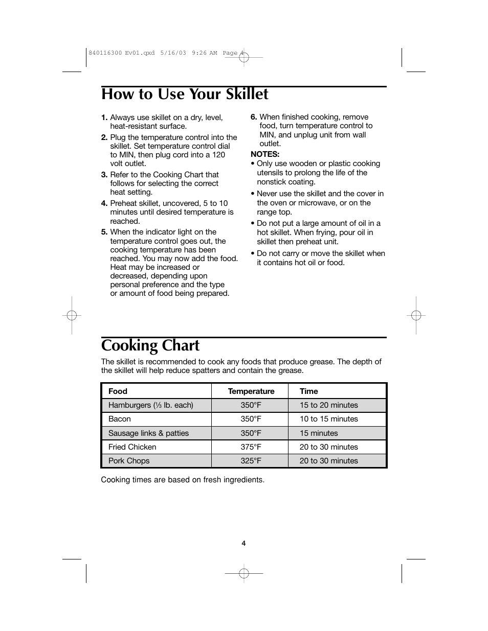 Cooking chart, How to use your skillet | Proctor-Silex 840116300 User Manual | Page 4 / 24