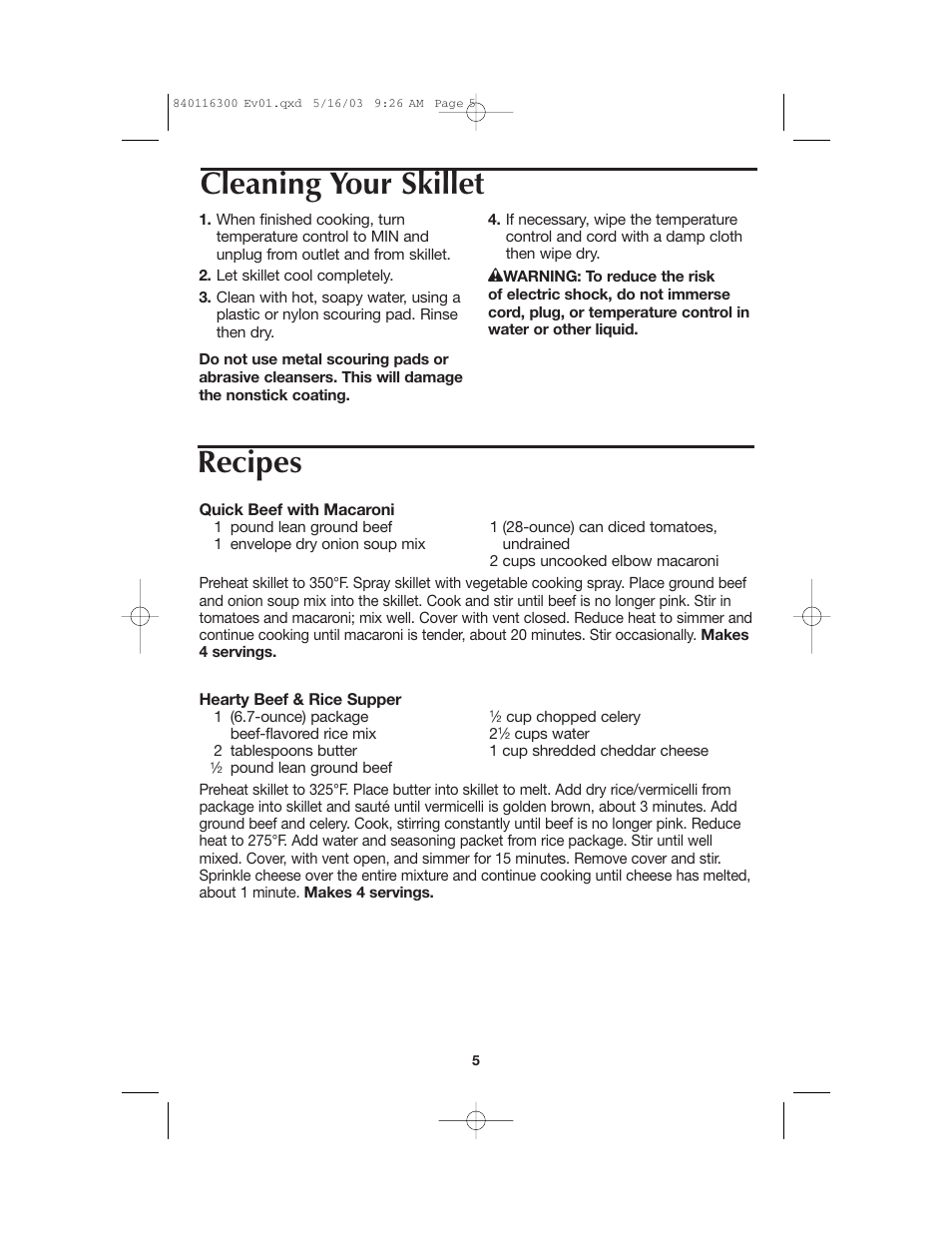 Cleaning your skillet recipes | Proctor-Silex 840116300 User Manual | Page 5 / 24