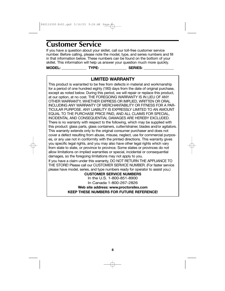 Customer service | Proctor-Silex 840116300 User Manual | Page 8 / 24
