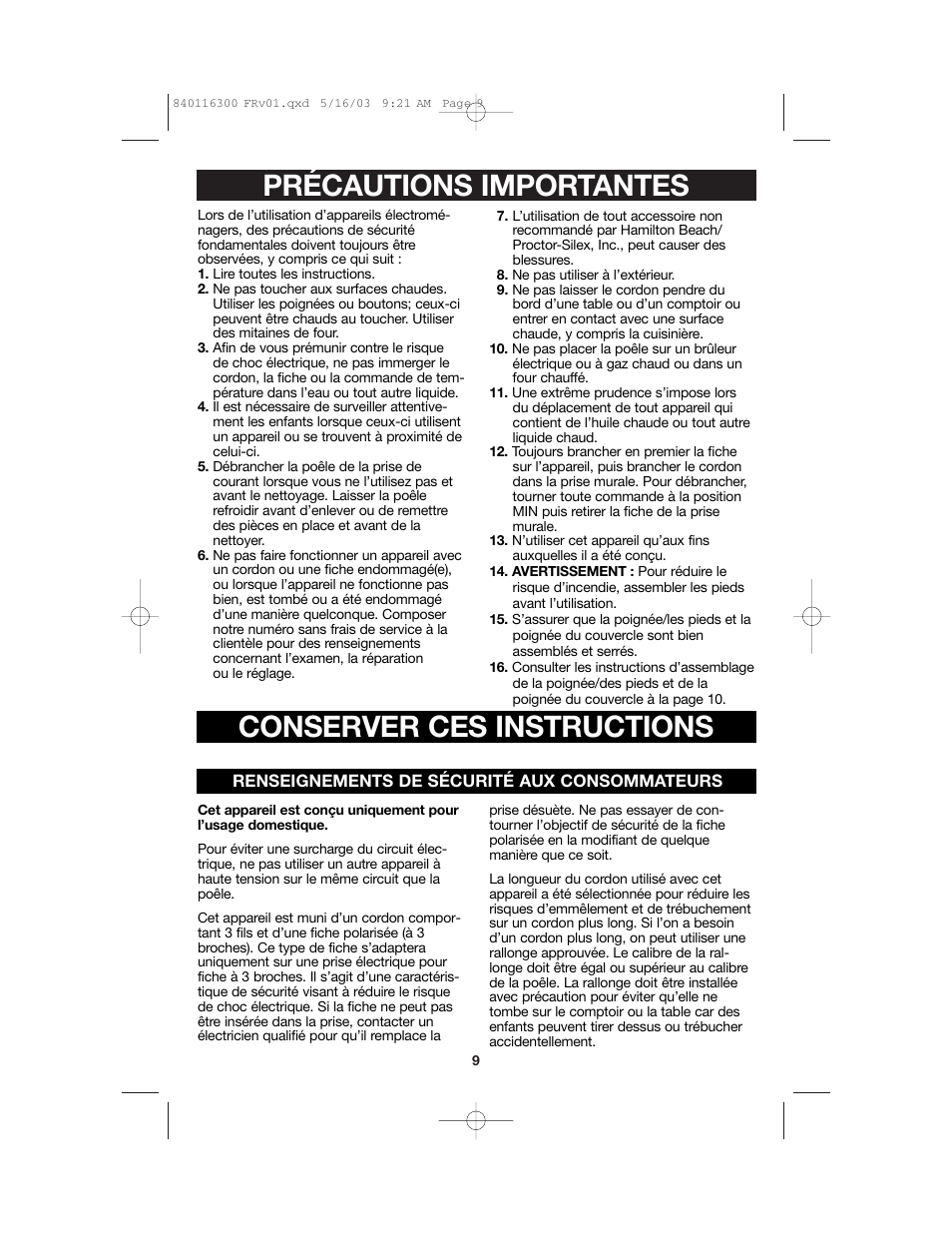 Précautions importantes conserver ces instructions | Proctor-Silex 840116300 User Manual | Page 9 / 24