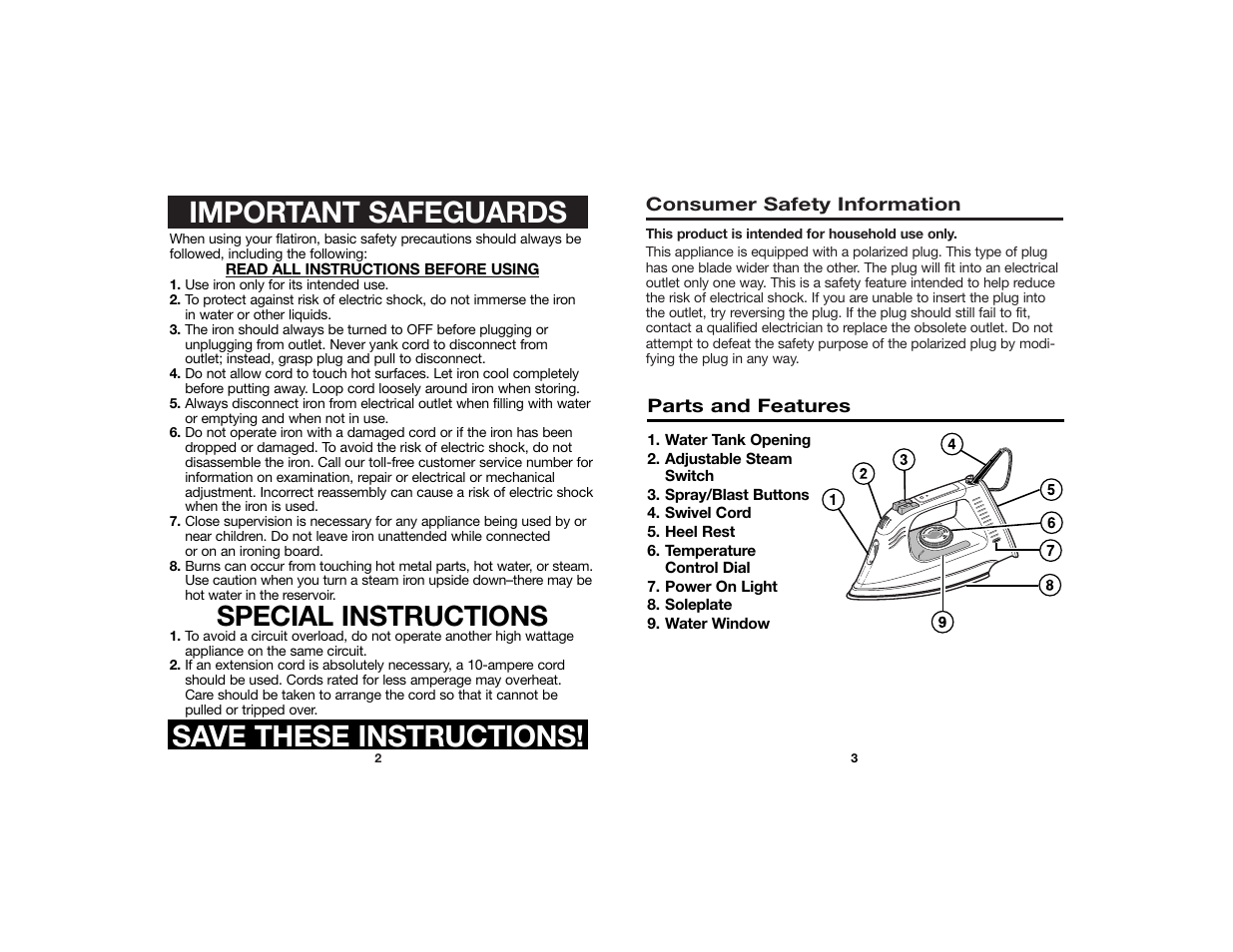 Important safeguards, Save these instructions, Special instructions | Proctor-Silex 840091400 User Manual | Page 2 / 5