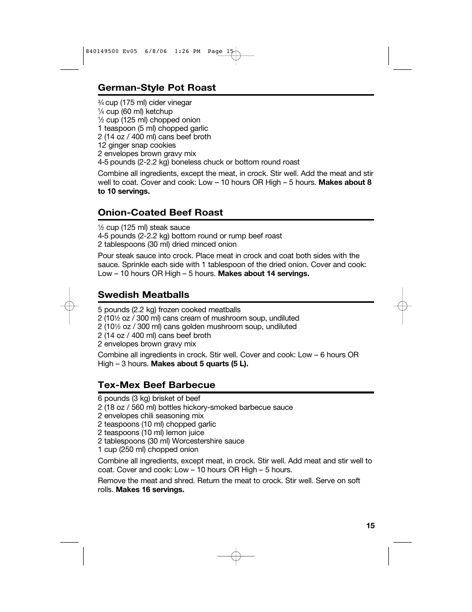 German-style pot roast, Onion-coated beef roast, Swedish meatballs | Tex-mex beef barbecue | Proctor-Silex 840149500 User Manual | Page 15 / 64