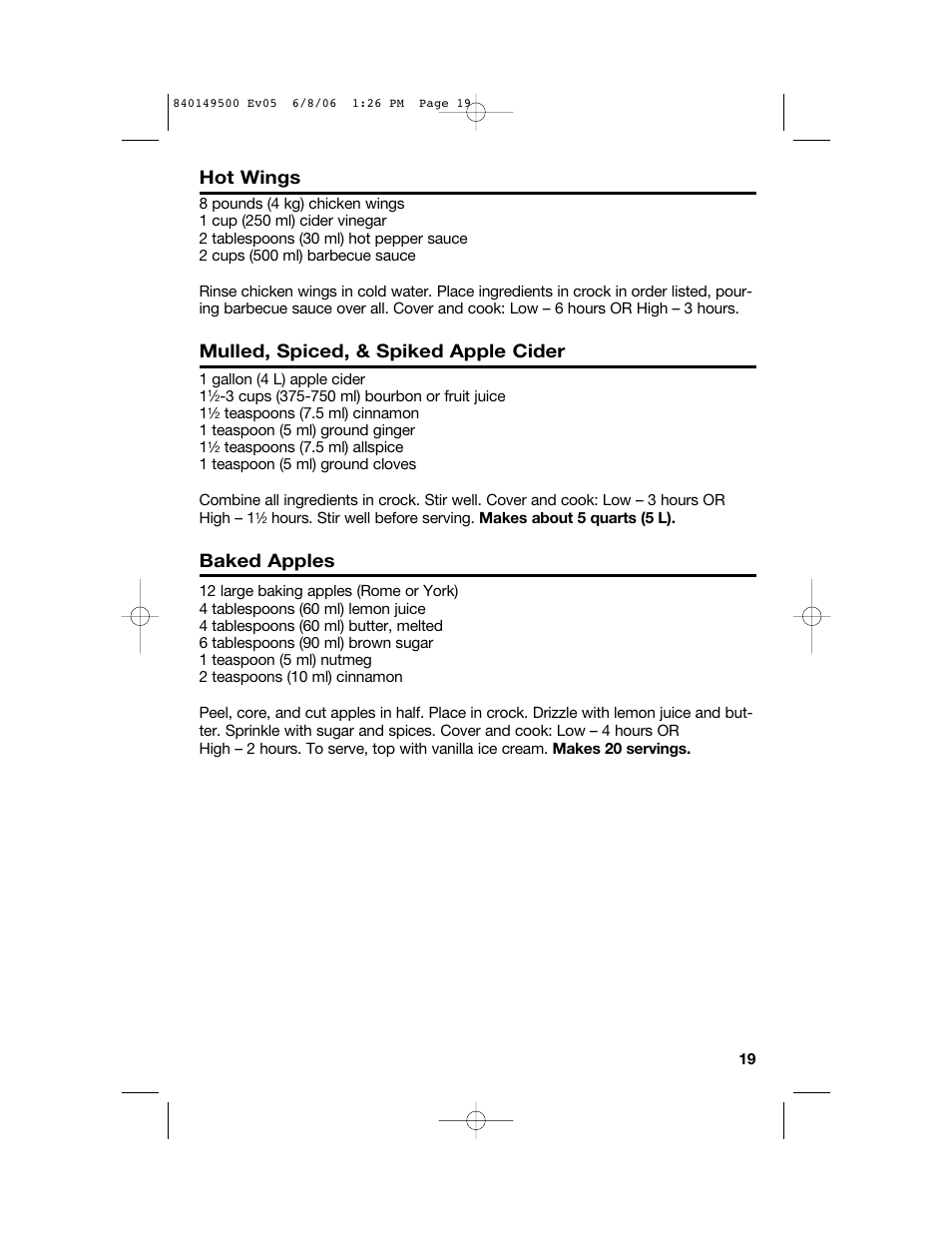 Hot wings, Mulled, spiced, & spiked apple cider, Baked apples | Proctor-Silex 840149500 User Manual | Page 19 / 64