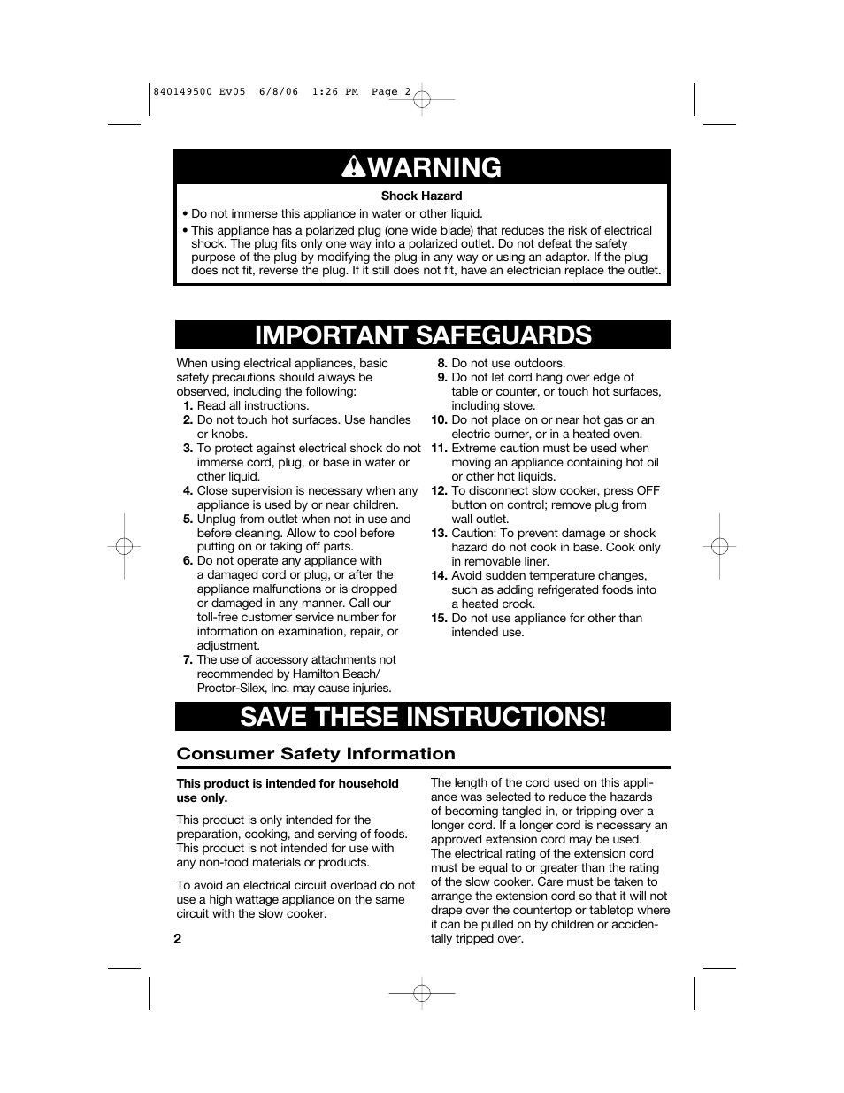 W warning, Important safeguards save these instructions | Proctor-Silex 840149500 User Manual | Page 2 / 64