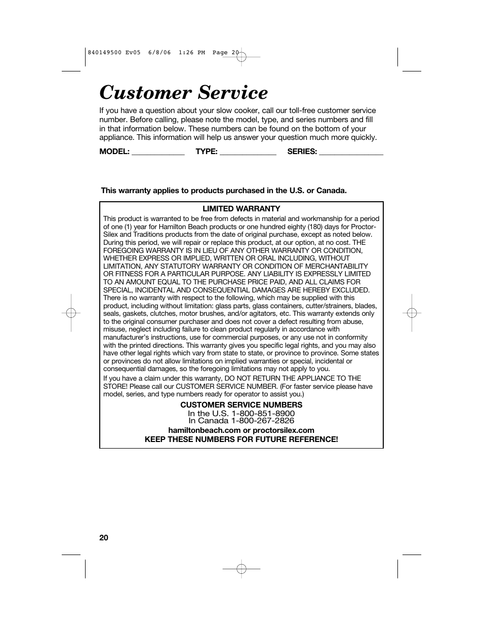 Customer service | Proctor-Silex 840149500 User Manual | Page 20 / 64