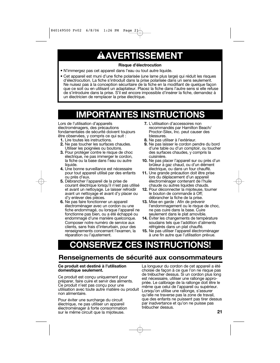 W avertissement, Renseignements de sécurité aux consommateurs | Proctor-Silex 840149500 User Manual | Page 21 / 64