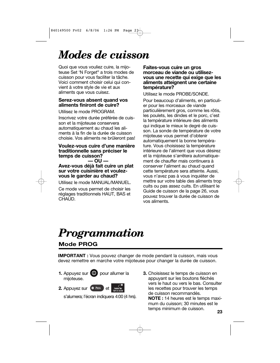 Modes de cuisson, Programmation | Proctor-Silex 840149500 User Manual | Page 23 / 64