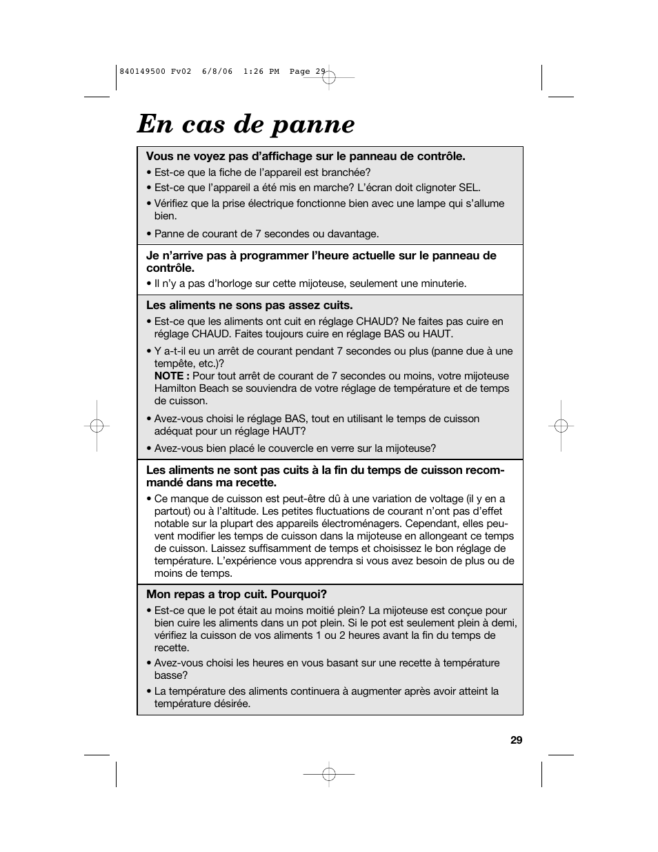 En cas de panne | Proctor-Silex 840149500 User Manual | Page 29 / 64