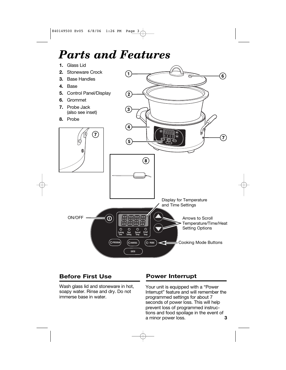 Parts and features, Before first use, Power interrupt | Proctor-Silex 840149500 User Manual | Page 3 / 64