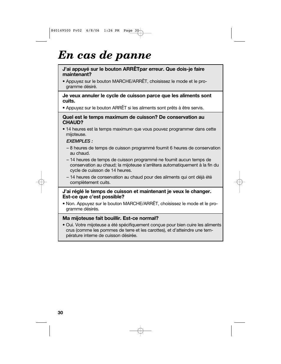 En cas de panne | Proctor-Silex 840149500 User Manual | Page 30 / 64