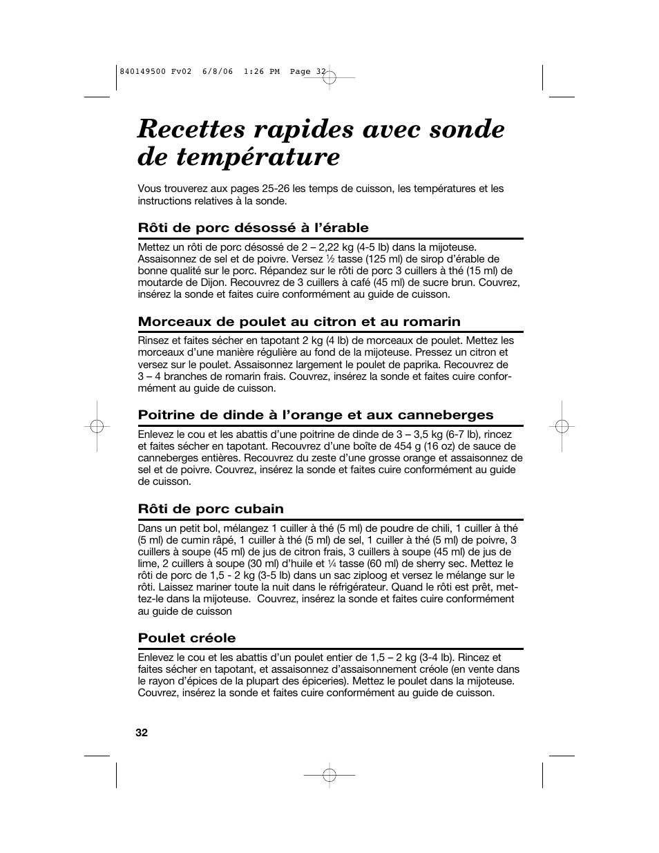 Recettes rapides avec sonde de température | Proctor-Silex 840149500 User Manual | Page 32 / 64
