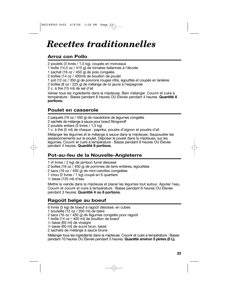 Recettes traditionnelles | Proctor-Silex 840149500 User Manual | Page 33 / 64