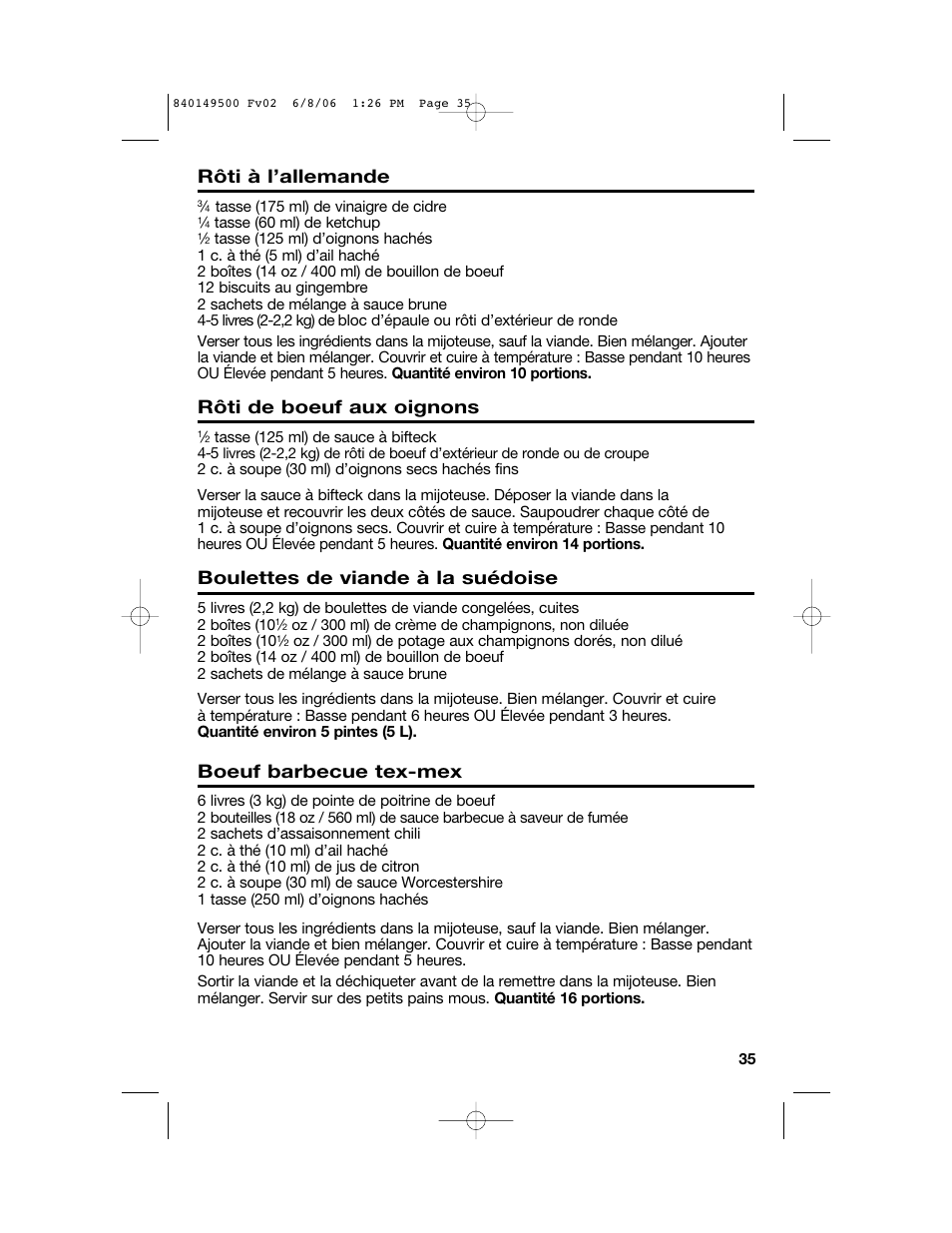 Rôti à l’allemande, Rôti de boeuf aux oignons, Boulettes de viande à la suédoise | Boeuf barbecue tex-mex | Proctor-Silex 840149500 User Manual | Page 35 / 64