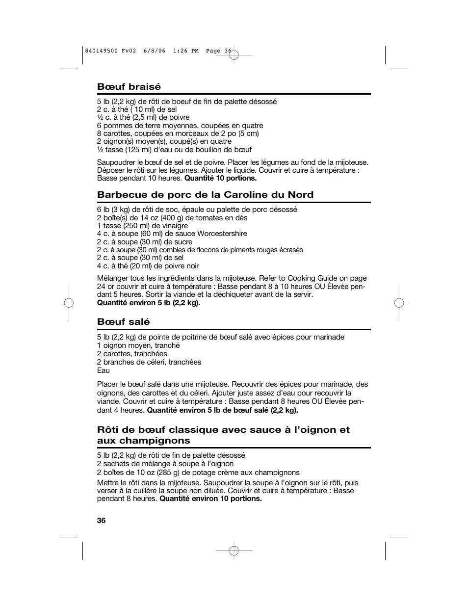 Bœuf braisé, Barbecue de porc de la caroline du nord, Bœuf salé | Proctor-Silex 840149500 User Manual | Page 36 / 64