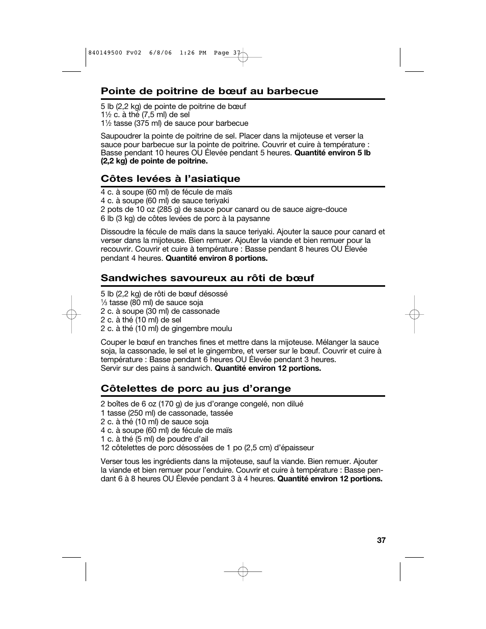 Pointe de poitrine de bœuf au barbecue, Côtes levées à l’asiatique, Sandwiches savoureux au rôti de bœuf | Côtelettes de porc au jus d’orange | Proctor-Silex 840149500 User Manual | Page 37 / 64