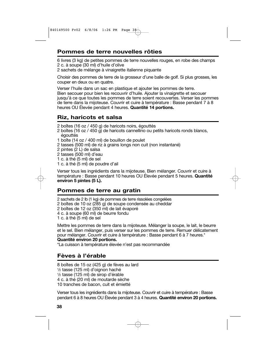 Pommes de terre nouvelles rôties, Riz, haricots et salsa, Pommes de terre au gratin | Fèves à l’érable | Proctor-Silex 840149500 User Manual | Page 38 / 64