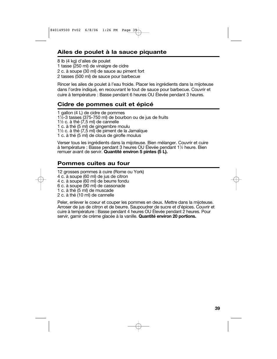 Ailes de poulet à la sauce piquante, Cidre de pommes cuit et épicé, Pommes cuites au four | Proctor-Silex 840149500 User Manual | Page 39 / 64