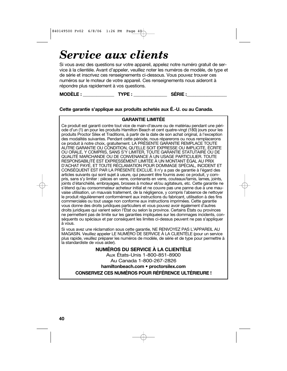 Service aux clients | Proctor-Silex 840149500 User Manual | Page 40 / 64