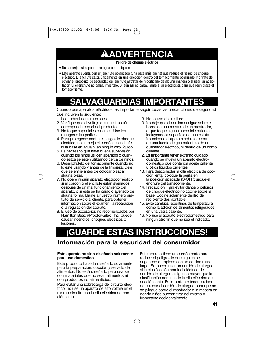 W advertencia | Proctor-Silex 840149500 User Manual | Page 41 / 64