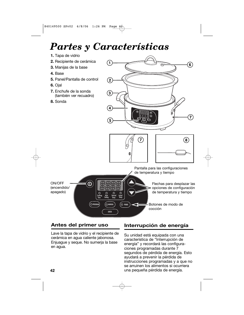 Partes y características, Antes del primer uso, Interrupción de energía | Proctor-Silex 840149500 User Manual | Page 42 / 64