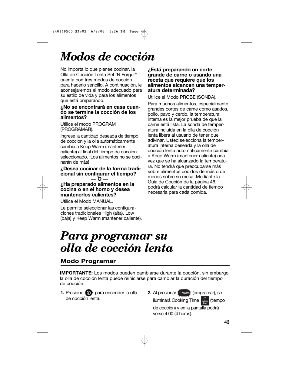 Modos de cocción, Para programar su olla de cocción lenta | Proctor-Silex 840149500 User Manual | Page 43 / 64
