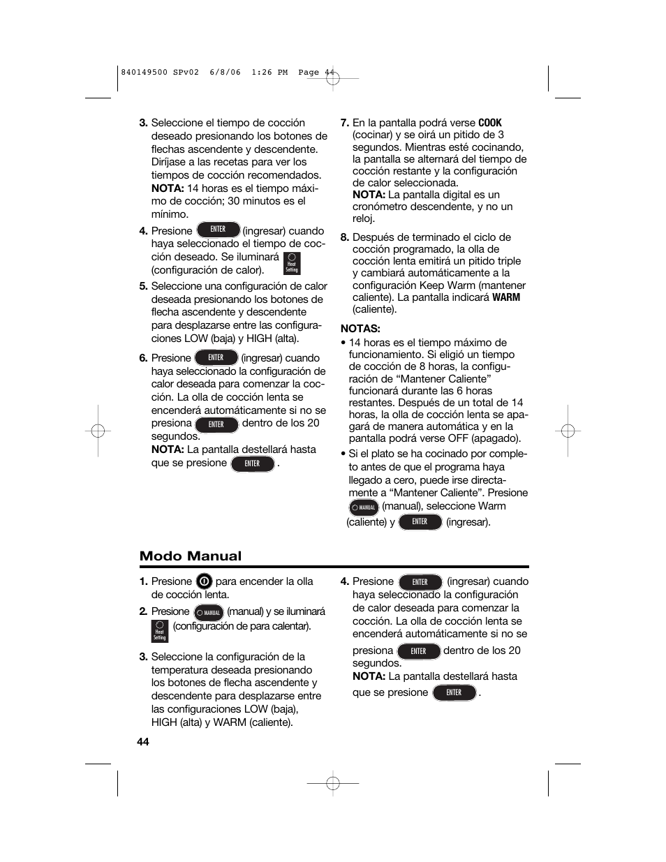 Modo manual | Proctor-Silex 840149500 User Manual | Page 44 / 64