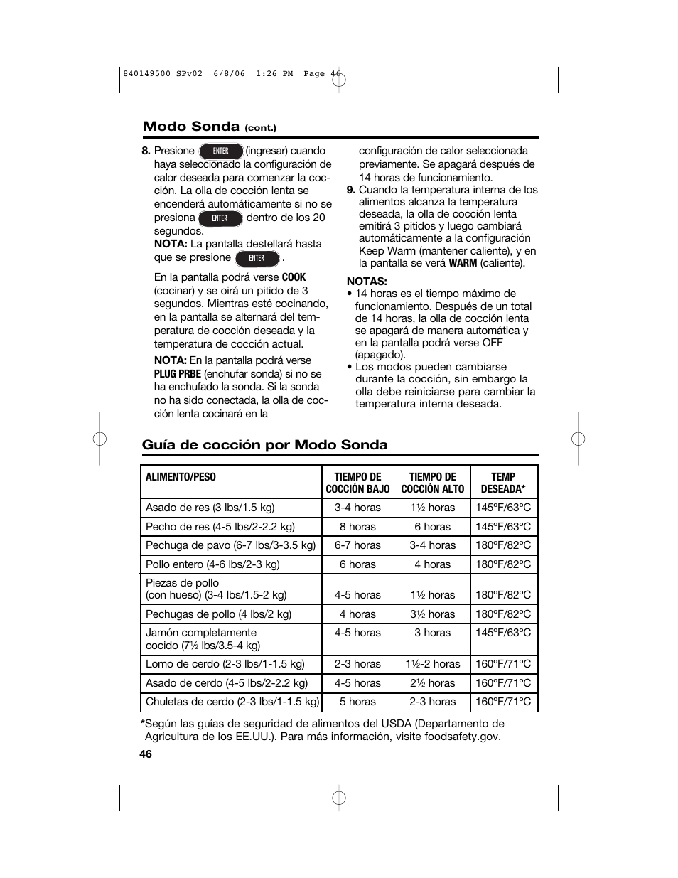 Guía de cocción por modo sonda, Modo sonda | Proctor-Silex 840149500 User Manual | Page 46 / 64