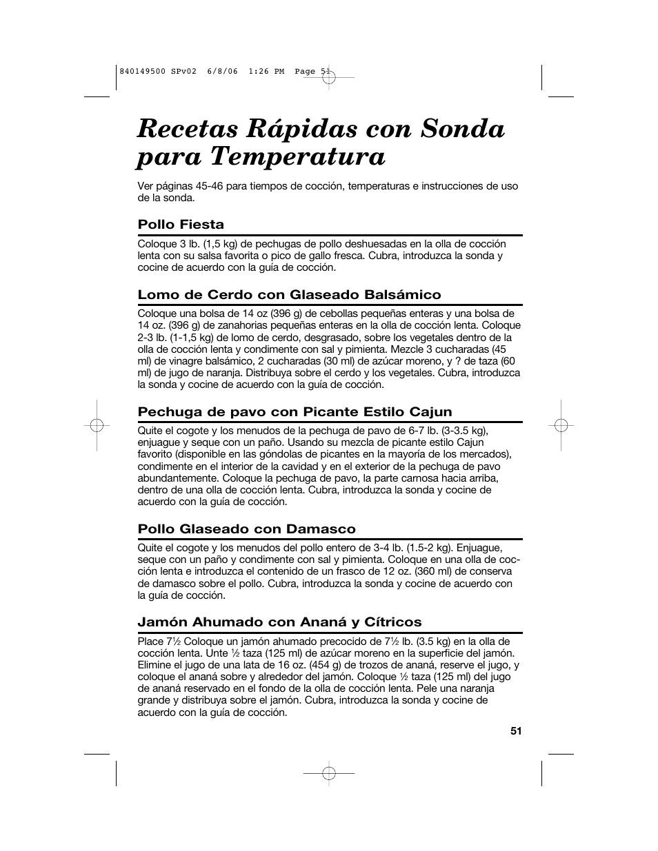 Recetas rápidas con sonda para temperatura | Proctor-Silex 840149500 User Manual | Page 51 / 64