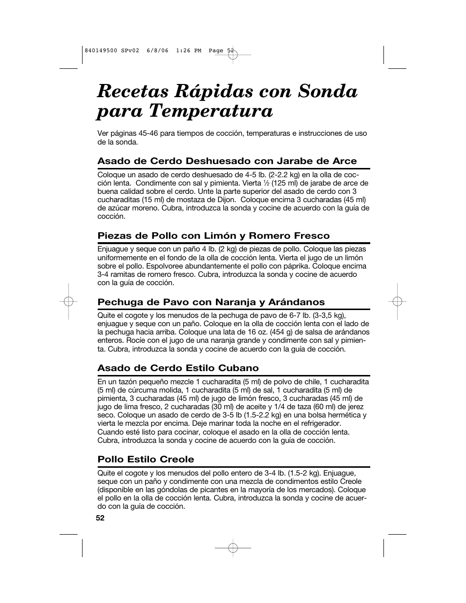 Recetas rápidas con sonda para temperatura | Proctor-Silex 840149500 User Manual | Page 52 / 64