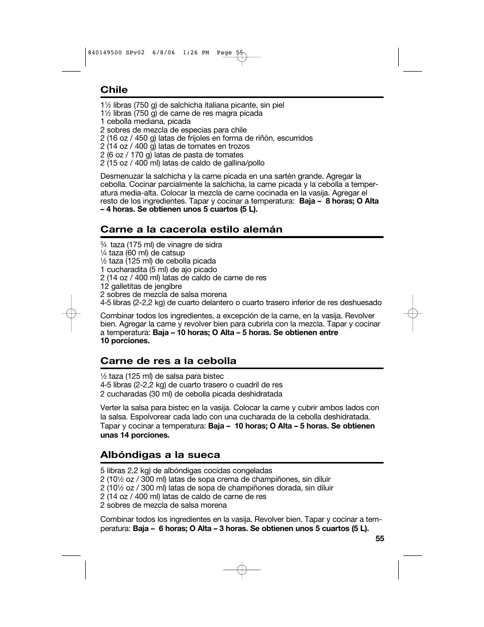 Chile, Carne a la cacerola estilo alemán, Carne de res a la cebolla | Albóndigas a la sueca | Proctor-Silex 840149500 User Manual | Page 55 / 64