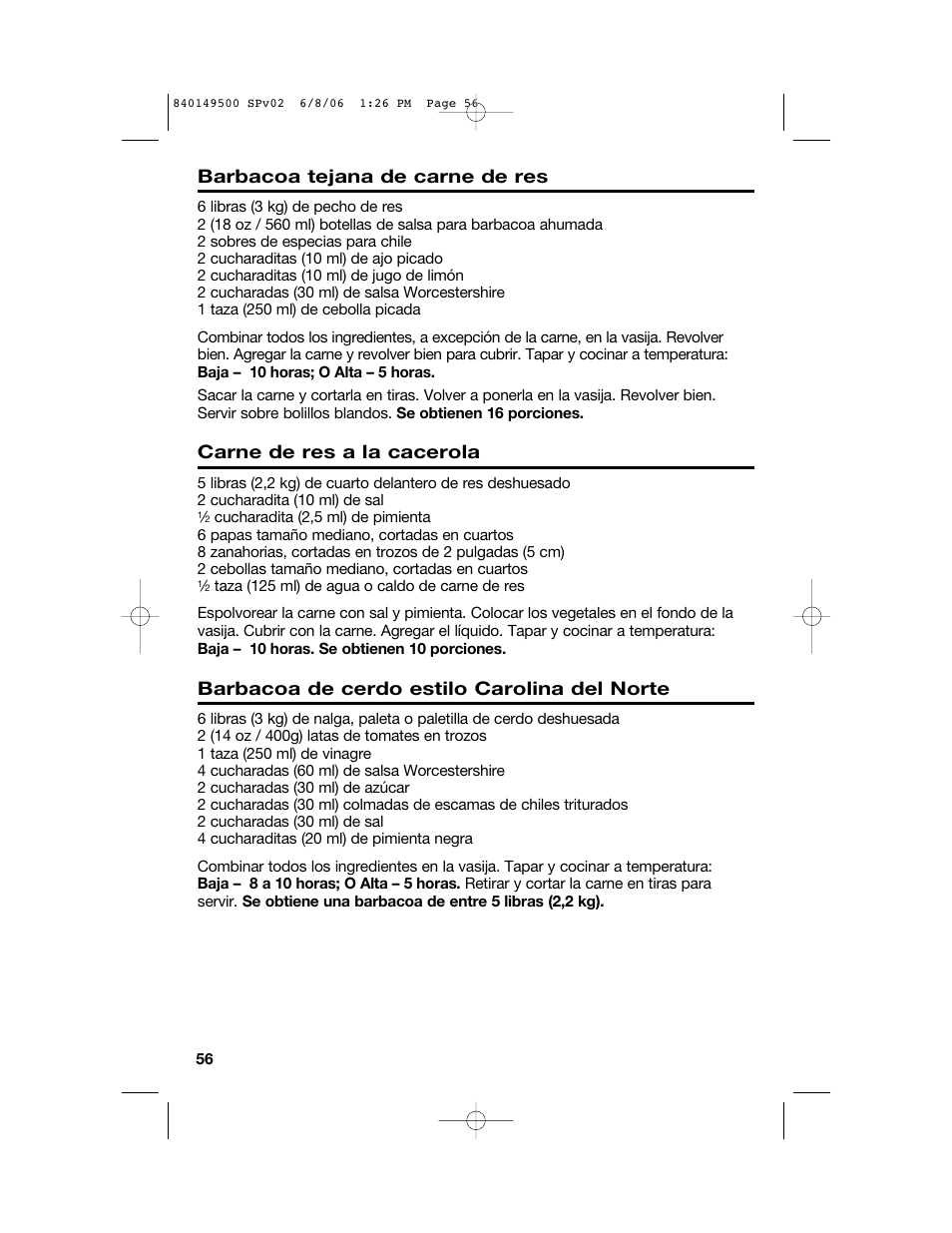 Barbacoa tejana de carne de res, Carne de res a la cacerola, Barbacoa de cerdo estilo carolina del norte | Proctor-Silex 840149500 User Manual | Page 56 / 64