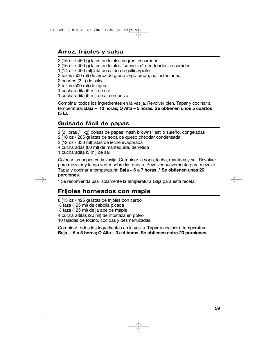 Arroz, frijoles y salsa, Guisado fácil de papas, Frijoles horneados con maple | Proctor-Silex 840149500 User Manual | Page 59 / 64