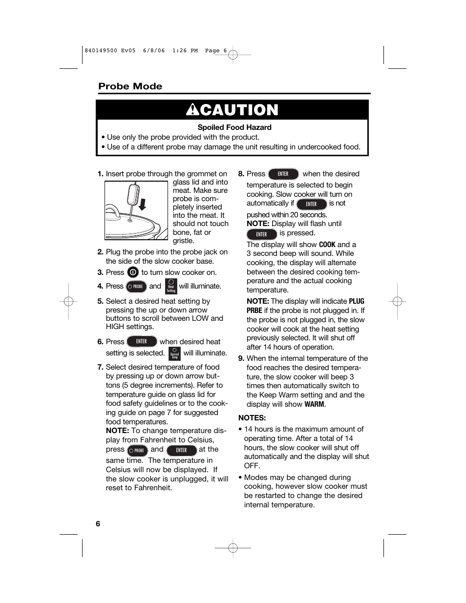 Wcaution, Probe mode | Proctor-Silex 840149500 User Manual | Page 6 / 64