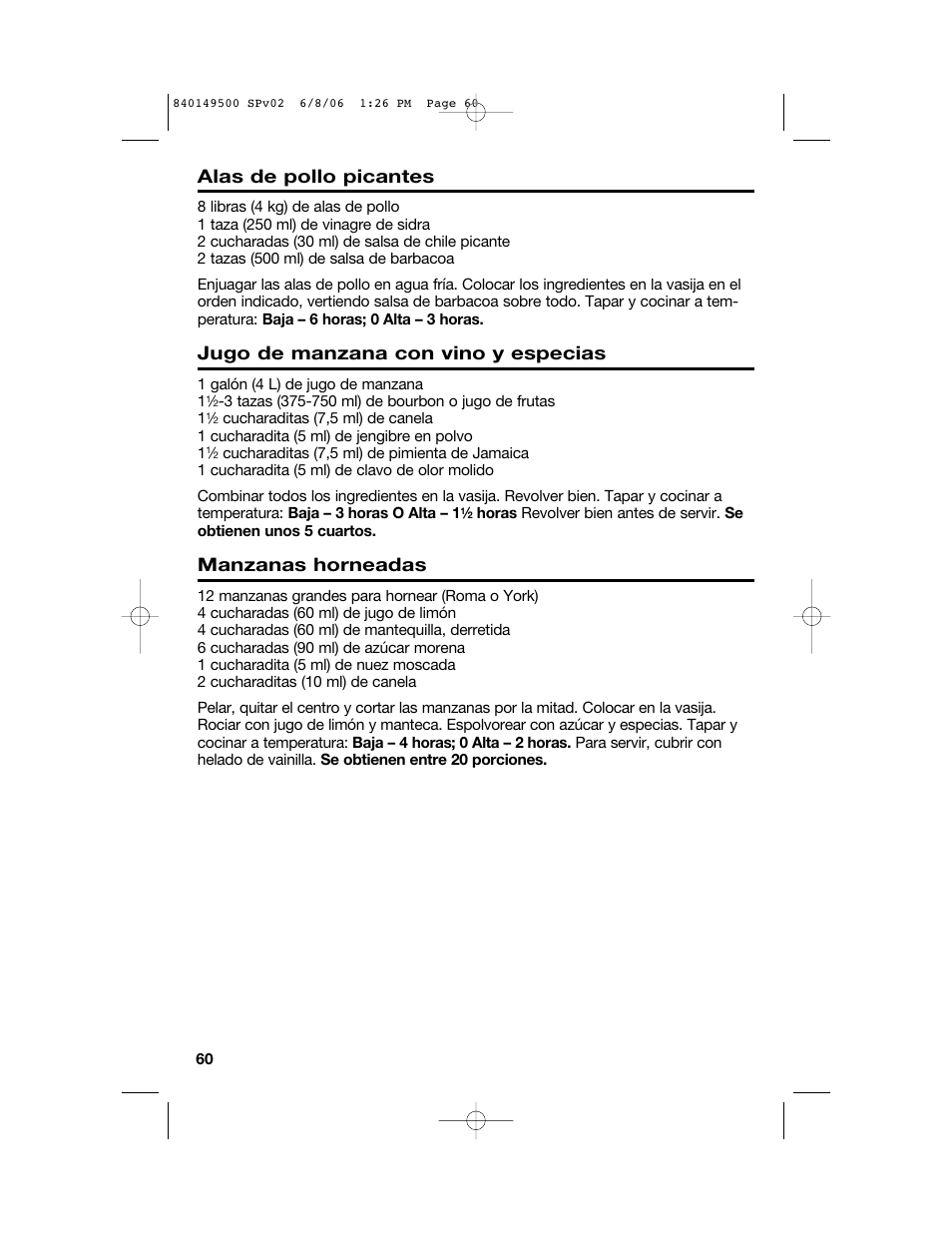 Alas de pollo picantes, Jugo de manzana con vino y especias, Manzanas horneadas | Proctor-Silex 840149500 User Manual | Page 60 / 64