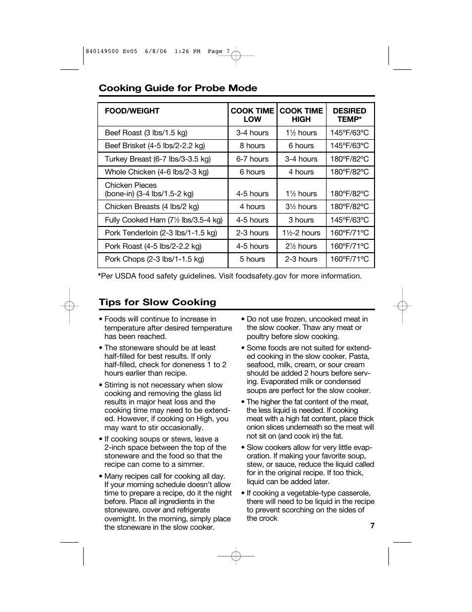 Cooking guide for probe mode, Tips for slow cooking | Proctor-Silex 840149500 User Manual | Page 7 / 64